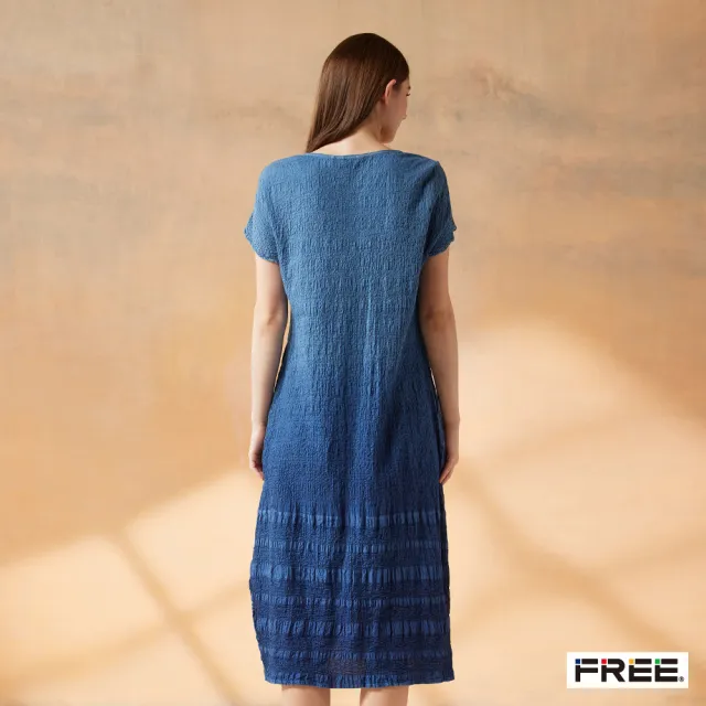 【FREE】free.藍染草木染皺感漸層拼接洋裝(桃紅/灰藍)