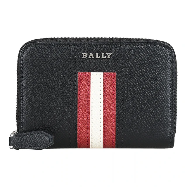 BALLY TIVY銀字金屬LOGO紅白條紋粒面紋牛皮拉鍊卡片零錢包(黑)