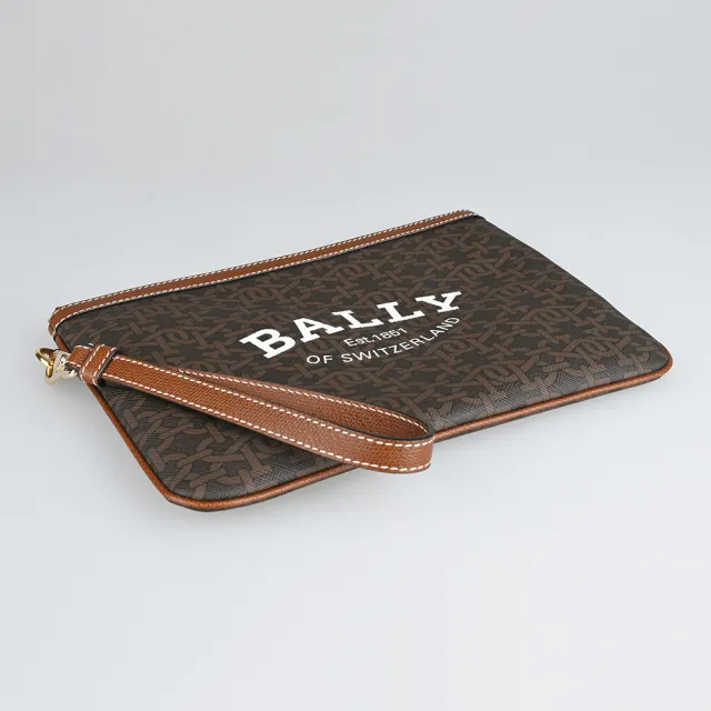 【BALLY】CERTHE白字LOGO品牌B字印花TPU材質牛皮滾邊拉鍊手拿包(棕)