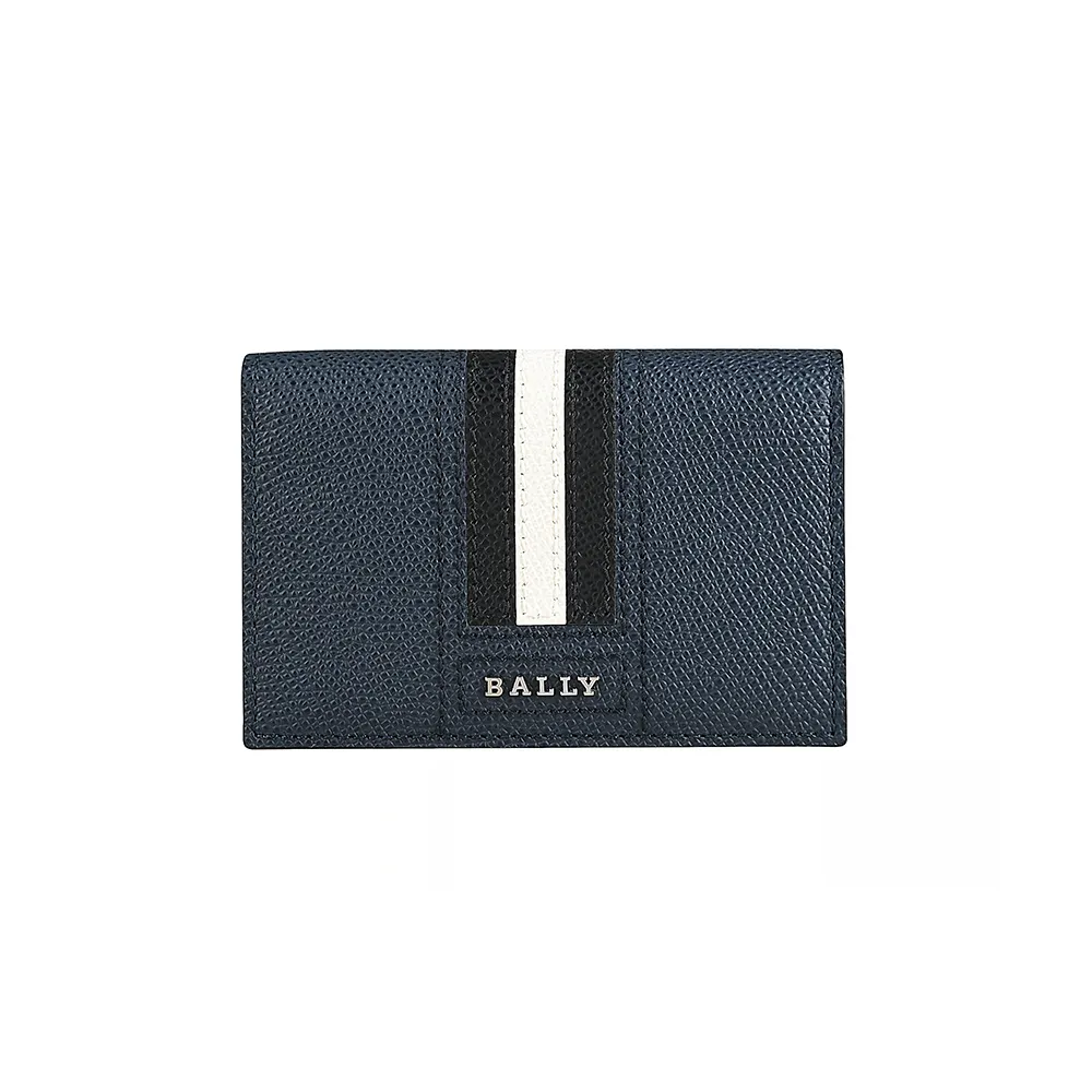 【BALLY】Tyke銀色金屬LOGO黑白條紋粒面紋牛皮卡片夾包(深藍)