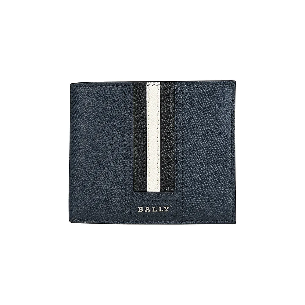 【BALLY】TVEYE銀字金屬LOGO黑白條紋粒面紋牛皮10卡短夾(深藍)