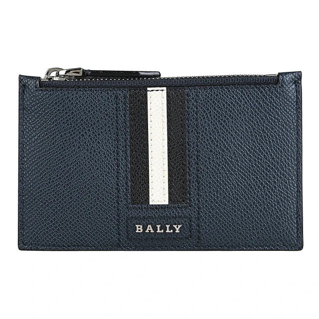 BALLY TENLEY銀字金屬LOGO黑白條紋粒面紋牛皮4卡拉鍊零錢卡夾(深藍)