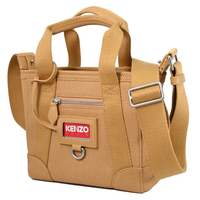 【KENZO】經典品牌LOGO帆布寬背帶手提包斜背包托特包兩用包(駝)