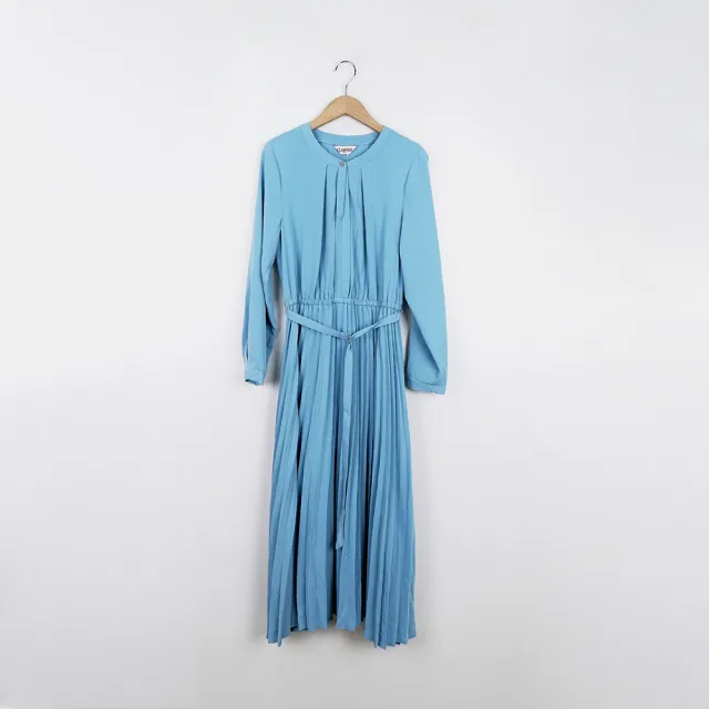 【CUMAR】腰鬆緊帶壓褶長袖洋裝(藍 粉)