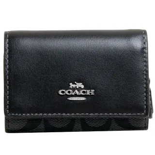 【COACH】立體LOGO高質感皮革三折釦式短夾(黑灰)