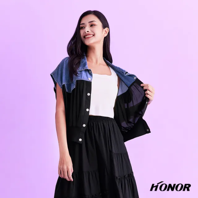 【HONOR 山形屋】排釦牛仔拼接落肩立袖收腰外套