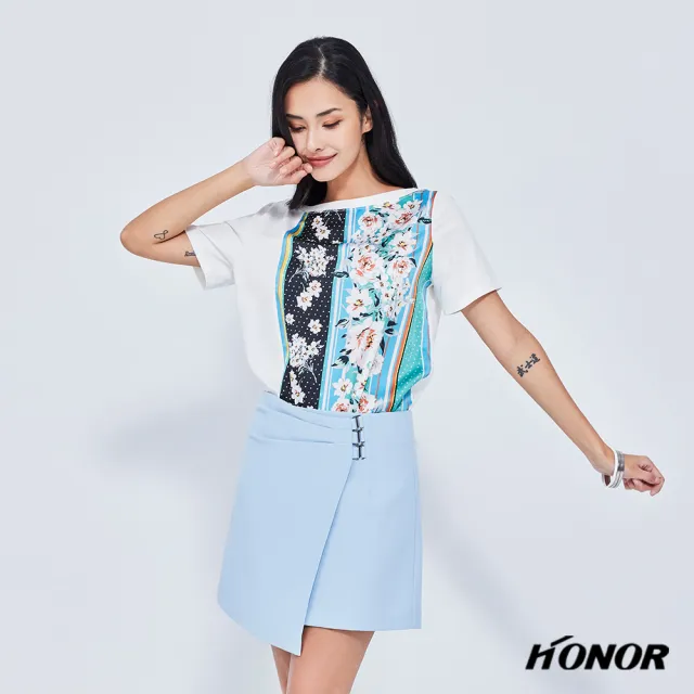 【HONOR 山形屋】橫打褶銀飾不對稱下擺短裙