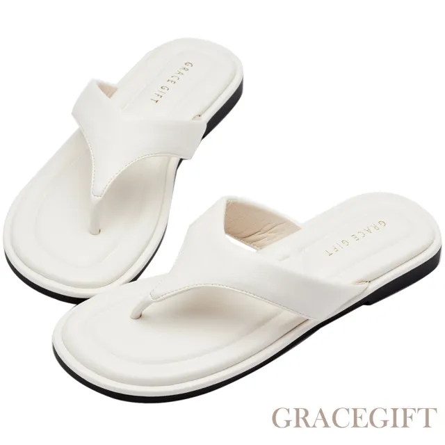 【Grace Gift】HEALER聯名-簡約澎澎柔軟人字夾腳平底拖鞋(白)