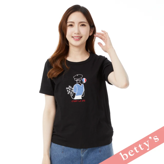 betty’s 貝蒂思 背影捧花女孩刺繡短袖T-shirt(黑色)