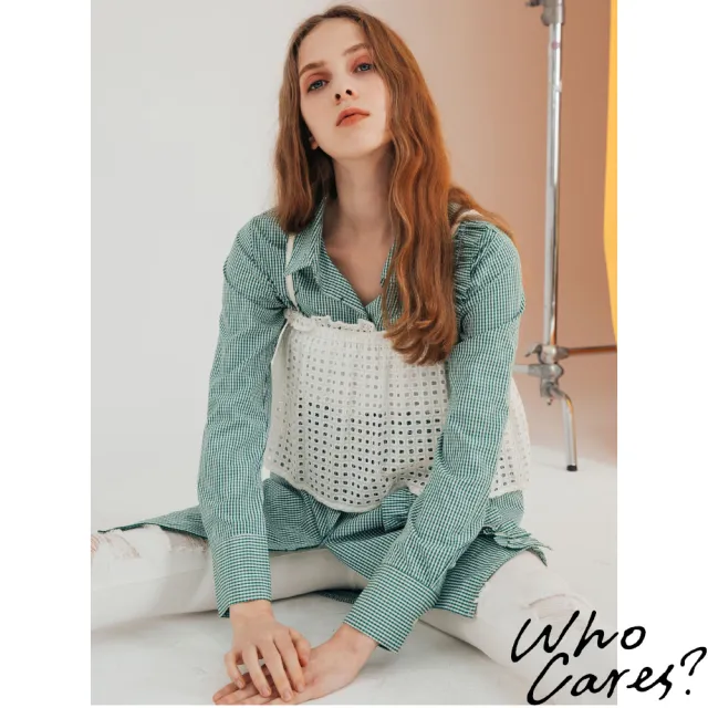 【Who Cares】不收邊壓褶蕾絲裝飾襯衫洋裝(綠)