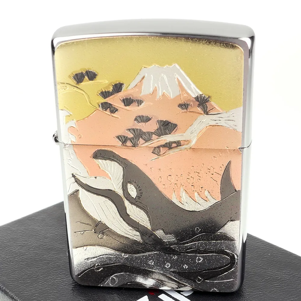 【Zippo】日系~傳統藝術-富士山與鯨魚圖案電鑄板貼片加工打火機