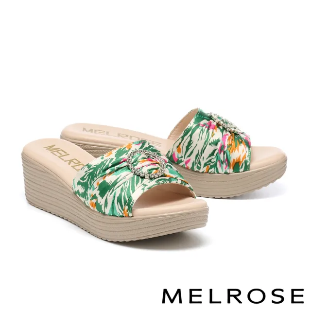 【MELROSE】美樂斯 夏日輕旅 豔夏圓鑽釦花布輕量厚底拖鞋(綠)