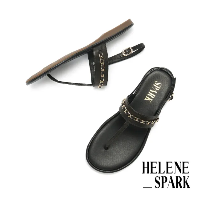 【HELENE_SPARK】率性時尚鍊條T字帶羊皮低跟涼鞋(黑)