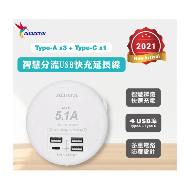 居家CP值組【ADATA 威剛】20W 4孔+4開3 USB Type C快充延長線組