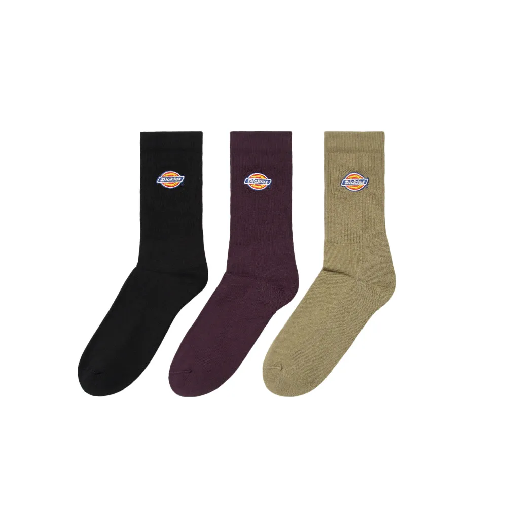 【Dickies】男女款黑紫咖色經典三色刺繡Logo中筒襪（三雙入）｜DK012354J56