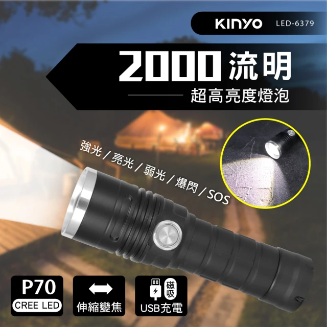 【KINYO】磁吸充電P70高亮度手電筒(停電應急/露營必備品 福利品 LED-6379)