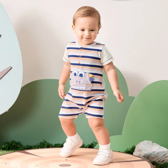 【奇哥】Chic a Bon 嬰幼童裝 探險龍橫紋短袖兔裝/連身衣(3-18個月)