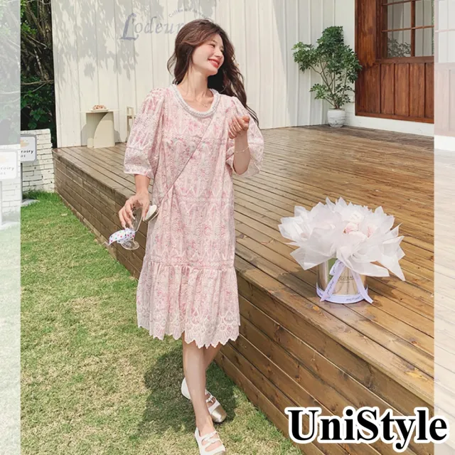 【UniStyle】印花短袖洋裝 韓系鏤空浪漫風連身裙  女 ZMC077-2431(粉紅)