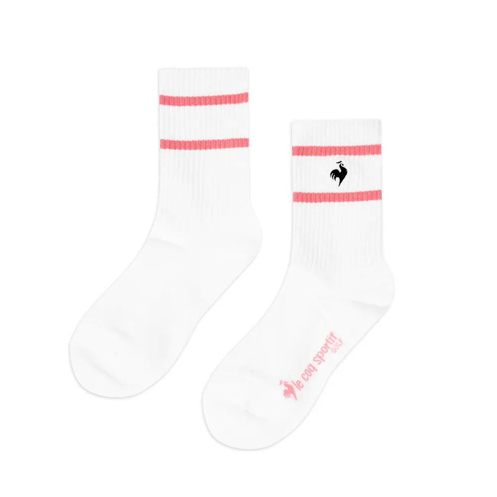 【LE COQ SPORTIF 公雞】高爾夫系列 女款粉色色彩線條舒適彈性中筒襪 QLT0K023