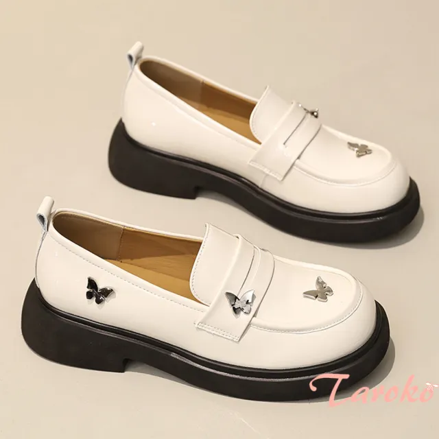 【Taroko】銀光蝴蝶夢幻雙層牛皮厚底樂福鞋(2色可選)