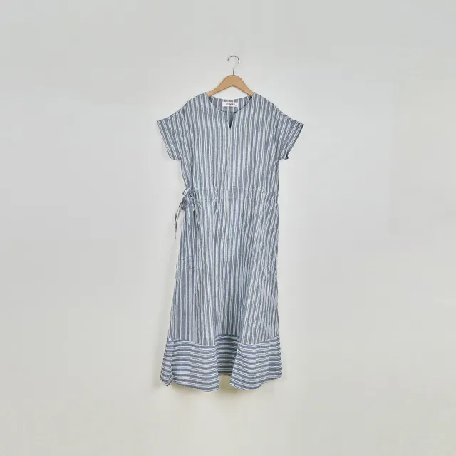 【CUMAR】條紋拼接雙抽繩設計連袖短袖長洋裝(淺藍 深藍/魅力商品)