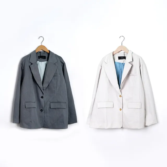 【MASTINA】OVERSIZE韓版壓線長袖西裝外套(米 灰/魅力商品)