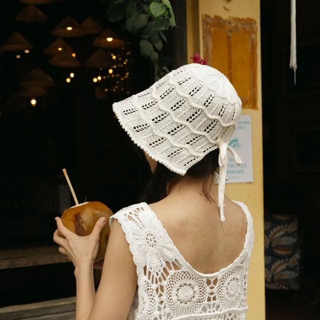 【Queenshop】女裝 正韓 鏤空織紋後綁帶設計漁夫帽 兩色售 現+預 07020917