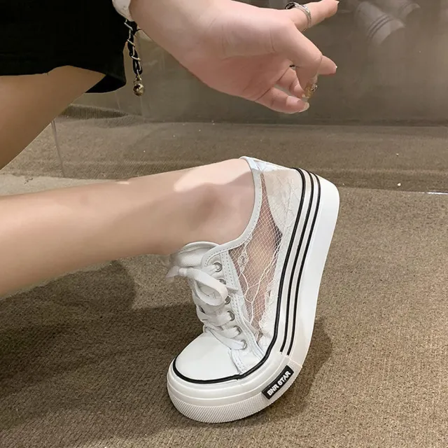 【JC Collection】網布蕾絲透氣厚底舒適綁帶休閒帆布鞋(白色)