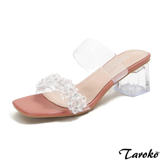 【Taroko】優雅花卉方頭一字帶透明粗高跟涼鞋(2色可選)