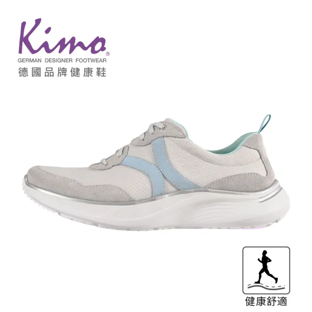 【Kimo】專利足弓支撐-側身KIMO線條LOGO菱形布紋牛皮綁帶健康鞋 女鞋(灰白 KBDSF189052)