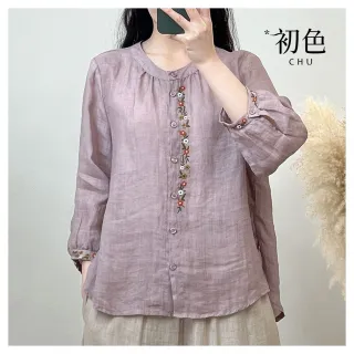 【初色】棉麻碎花刺繡休閒寬鬆顯瘦輕薄透氣圓領長袖襯衫上衣女上衣-共5色-35458(M-4XL可選)