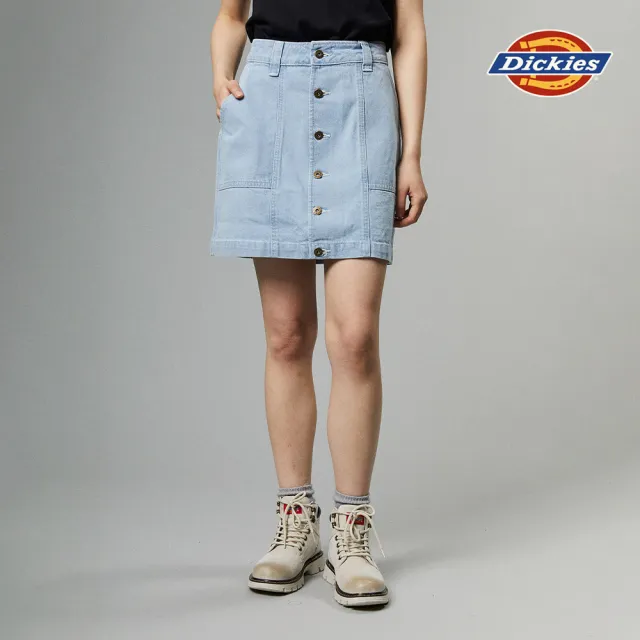 【Dickies】女款復古藍純棉品牌金屬釦簡約丹寧短裙｜DK013002C15