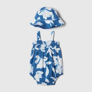 【GAP】嬰兒裝 防曬方領吊帶包屁衣-藍色印花(434809)