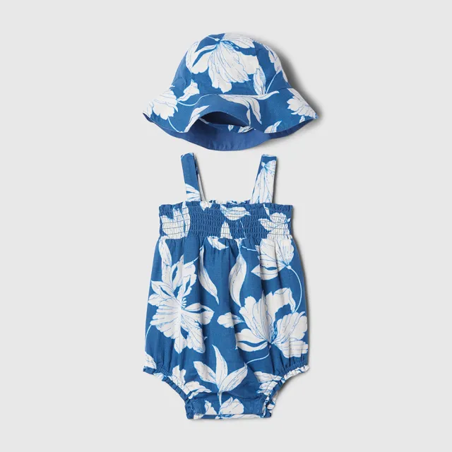 【GAP】嬰兒裝 防曬方領吊帶包屁衣-藍色印花(434809)