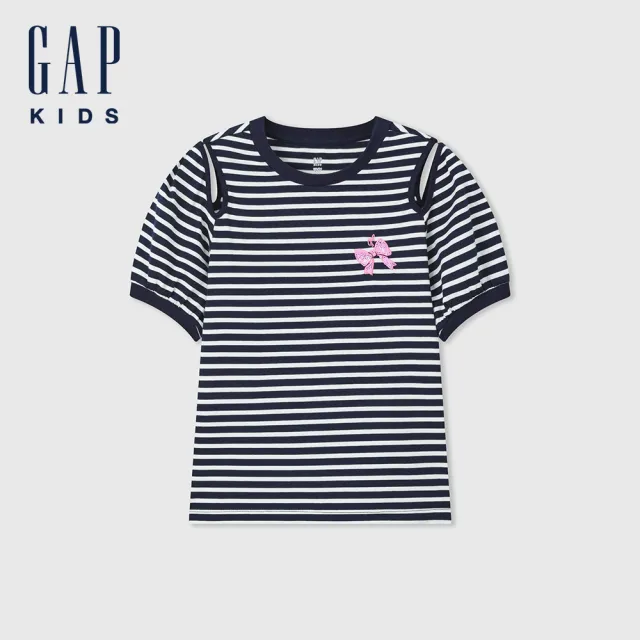 【GAP】女童裝 Logo純棉刺繡圓領短袖T恤-藍白條紋(465414)