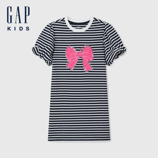 GAP 女童裝 Logo純棉印花圓領短袖洋裝-黑白條紋(466624)