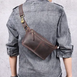 【吉豐洋行】粗曠復古特殊版型頂級瘋馬皮斜背包胸包腰包(重機時尚風)