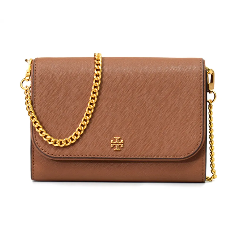 【TORY BURCH】Emerson系列焦糖奶茶TB logo防刮牛皮斜背WOC包(136093-909)