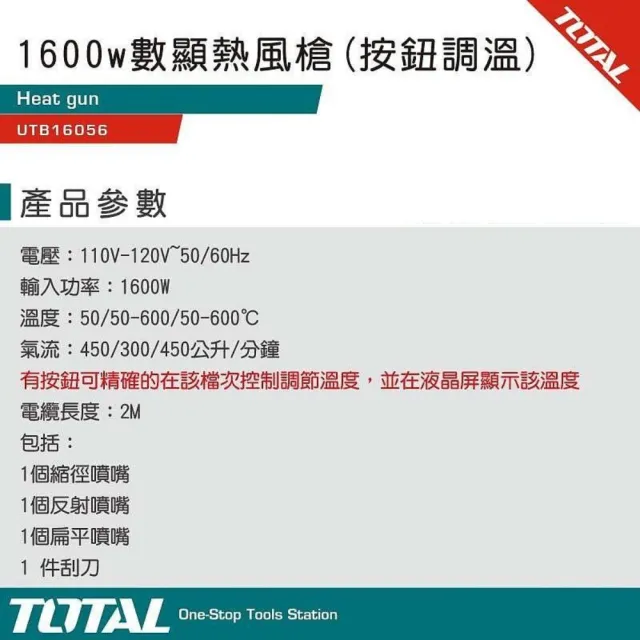 【TOTAL】高功率熱風槍 1600W UTB16056(數位調溫 全配件)