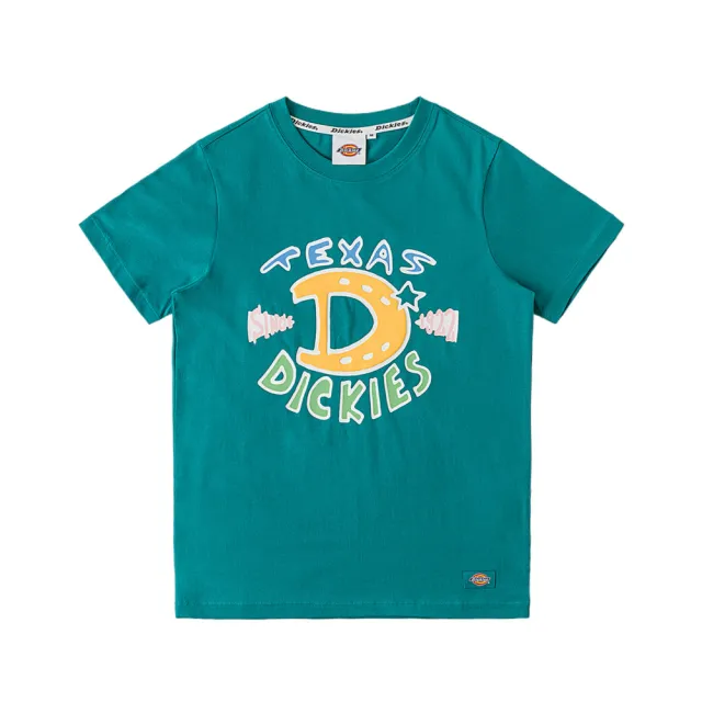 【Dickies】女款深湖綠純棉胸前大尺寸趣味文字印花短袖T恤｜DK011631E64