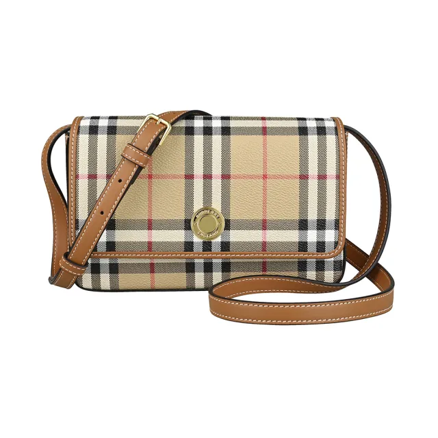 【BURBERRY 巴寶莉】BURBERRY Hampshire壓印金色圓釦LOGO設計數碼格紋PVC拼小牛皮磁釦式斜背包(米格紋x褐)