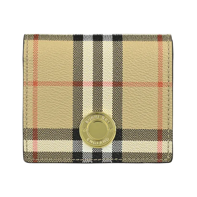 【BURBERRY 巴寶莉】BURBERRY經典壓印LOGO格紋PVC 4卡釦式對折短夾(典藏米x棕)