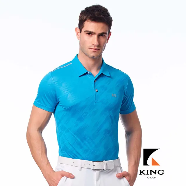 【KING GOLF】實體同步款-男款筆刷暗紋開襟吸濕排汗POLO衫/高爾夫球衫(藍色)
