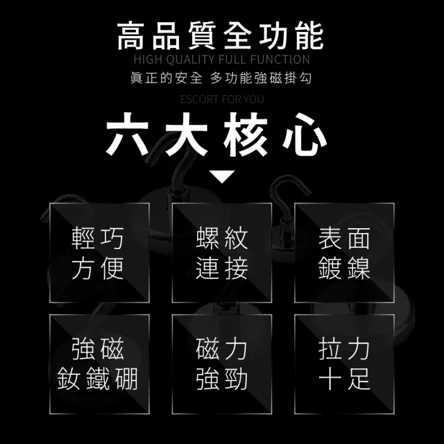 【FL 生活+】魔獸級釹鐵硼強力磁鐵掛勾42mm-6入(最大拉脫力66kg/吸鐵/無痕掛鉤/磁吸/廚房/壁掛/A_162)