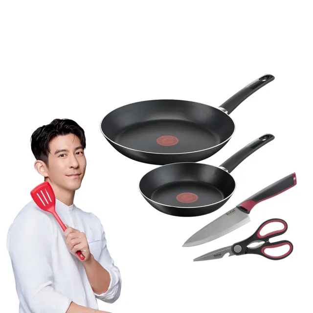 【Tefal 特福】MOMO獨家 法國製巧廚系列不沾鍋4件組(20CM平底鍋+26CM平底鍋+主廚刀15CM+剪刀)