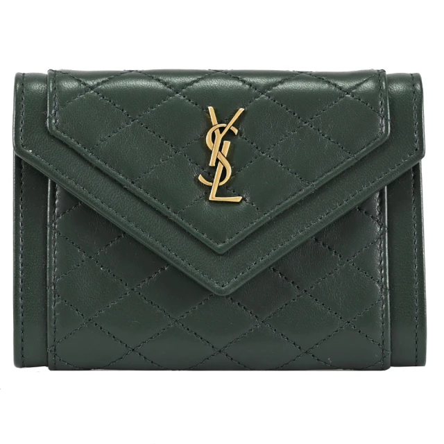 YSL 經典字母LOGO菱格縫線小羊皮信用卡名片式扣式零錢包(深綠)