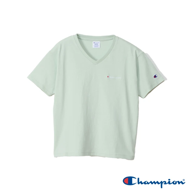 Champion 官方直營-純棉寬版草寫LOGO刺繡V領短袖TEE-女(淺綠色)