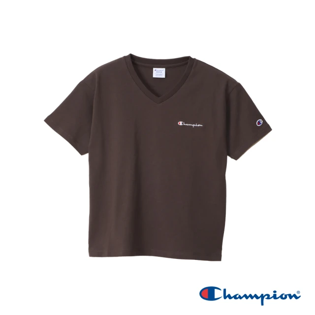 Champion 官方直營-純棉寬版草寫LOGO刺繡V領短袖TEE-女(褐色)