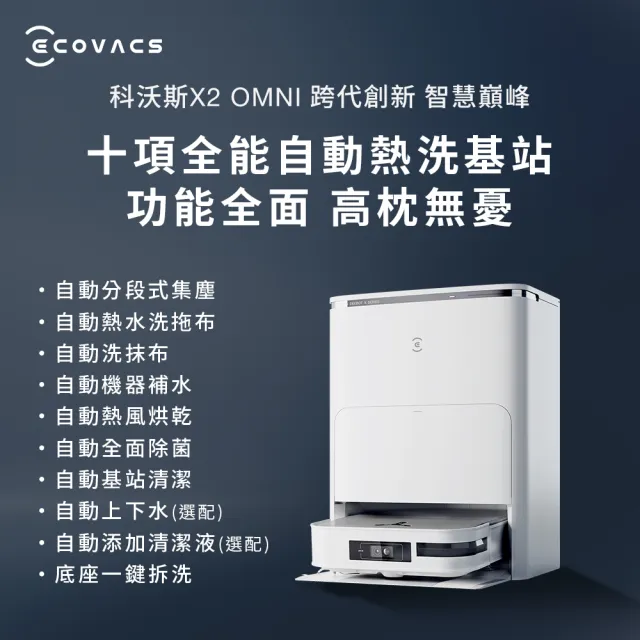 【ECOVACS 科沃斯】DEEBOT X2 OMNI全能方形旗艦掃拖機器人(分段集塵熱洗拖布/最強吸力/底角邊角清潔專家)