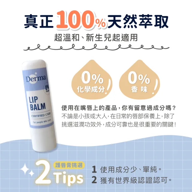 【Derma 丹麥德瑪】蜂蠟植萃護唇膏兩件組 4.8g*2(無香/孕婦、嬰兒、兒童、寶寶也適用)